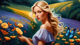 A masterpiece digital painting of a young woman with wavy blonde hair, dressed in a pretty summer dress, walking through a field of flowers, the air filled with iridescent butterflies, with a Pekingnese walking at her side, tender, moody, thoughtful, perfect composition, deep colors, a touch of photorealism.