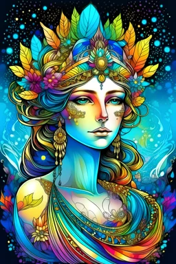 Create a realistic but psychedelic image of a Greek goddess, make it full body and use cool colors, add some sparkles