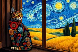 “An intricately decorated cat sits on the windowsill, adorned with mandala patterns and rich ornamental designs in bright jewel colors. Outside the window: a swirling Van Gogh-style landscape, with golden wheat fields, bold cypress trees, and a deep blue sky filled with motion and stars, painted in expressive strokes. The view is vibrant and emotional, echoing the cat’s mystical presence. --ar 16:9 --v 7 --style raw”