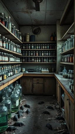An old abandoned pharmacy with a dusty shelf’s and corrosion and dirt also broken glass bottles on the floor with dirty chemicals liquid and a dead rats also a laboratory tubes and jars