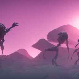 DANCING ALIENS, cinematic lighting, 4k, 8k, octane render, digital concept art, ambient lighting, PINK, MOUNTAINS SUNSET