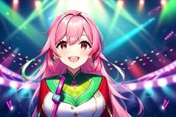 girl, masterpiece, best quality, volumetric lighting, detailed outfit, perfect eyes, long hair, two-tone hair, pink hair 50, green hair 50, red eyes, music stage, micro phone, lens flare abuse, laughing,