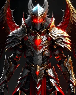 silver and gold armor with glowing red eyes, and a ghostly red flowing cape, crimson trim flows throughout the armor, the helmet is fully covering the face, black and red spikes erupt from the shoulder pads, four crimson and gold angel wings are erupting from the back, crimson hair coming out the helmet, spikes erupting from the shoulder pads and gauntlets, staring at a lava monster erupting from a volcano