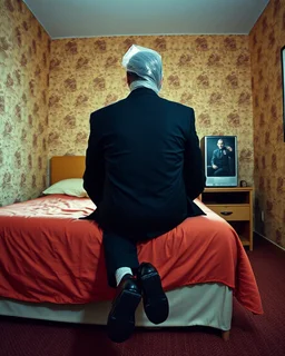 man with plastic bag over his head sits on the edge of a bed with his feet on the ground, facing camera, inside an old, 70s style motel room with tacky wall paper. he is wearing a black suit with a melincholy attitude. there is a box tv facing away from camera, illuminating his front. from this view, you cannot see the front of the tv. full room view, super wide shot, 24mm lens view, film syle.