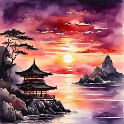 beautiful dark watercolor, dramatic, Japanese seascape at sunset, majestic pagoda perched on shoreline cliff, deep crimson and purple colors, reflective, setting sun partially obscured by clouds, small fishing junk, sun glare effect, impressionism