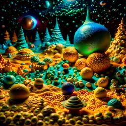 Detailed creepy landscape made of modeling clay, stars and planets, Roger Dean, Tim Burton, strong texture, Ernst Haekel, extreme detail, Max Ernst, decal, rich moody colors, sparkles, bokeh, odd