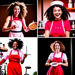 Photo grid of a young woman with curly hair. Top-left captures her painting in an apron. Top-right shows her dancing in a red dress. Bottom-left illustrates her cooking in a chef's hat. Bottom-right presents her cycling in sportswear.