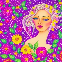 very beautiful portrait, bright fairy, , flowery landscape, cosmic atmosphere, perfect composition, 8k, super detailed, delicate flowers, complementary colours, intricate details, realistic