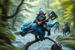 oil painting ,motion blur portrait of harpy - Forgotten Realms dodging cyberpunk dwarf with warhammer riding tiny furry blue and purple dragon above water and along winding branches in lush green forest along speeding horses , bokeh like f/0.8, tilt-shift lens 8k, high detail, smooth render, down-light, unreal engine, prize winning