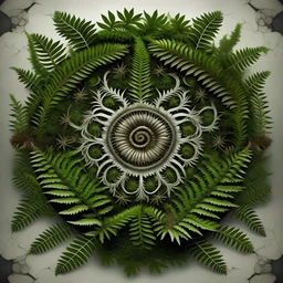 realistic image like a photo of nature mandala with ferns, roots