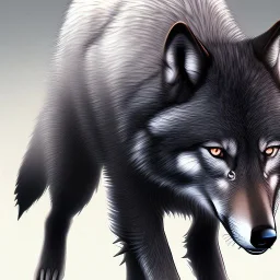 This wolf's fur is dull and black colored. They have dazzling blue-grey eyes. They have a limp in their back right leg due to a fight against a rival pack.