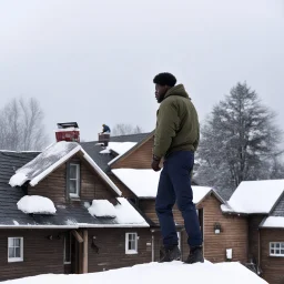 in the North of Canada, among neighbors in a small group of houses, an Afro-American man stands on the edge of the roof just before a snowstorm hits. He attaches plank plates to the roof to reinforce it, bracing for the impending storm. The cold air bites at his skin, the wind howling ominously, as he works diligently to secure the roof against the fury of the upcoming blizzard.