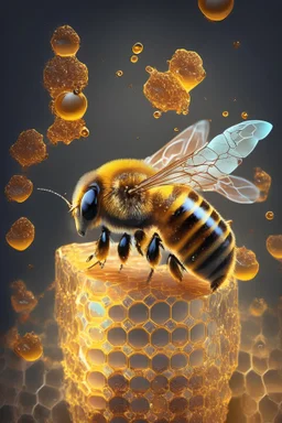Pszczoła z błyszącymi skrzydełkami siedzi w bursztynowym ulu wypełnionym miodem