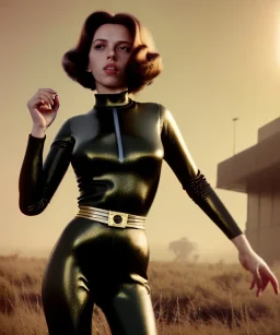 retro sci-fi portrait image from 1960, supermarket parking explosion, young Scarlett Johansson, classic black tight lycra latex suit, gold bracelet and belt, soft color, highly detailed, unreal engine 5, ray tracing, RTX, lumen lighting, ultra detail, volumetric lighting, 3d, finely drawn, high definition, high resolution.