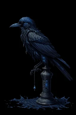 on an old black lamppost, a blue crow is sitting,a golden greenish suspension,diamond dust, on a black background, macrodetalization, carved,filigree drawing of a drawing,fiction,surrealism, hyperdetalization, aesthetically pleasing, beautiful,ink and colored marker drawing, sharpness,1024 k, octane, depth of field