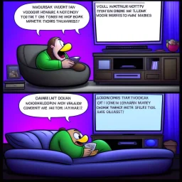 comicbook, 2 panels, in the left panel, a fat, bearded man watches the tv, in the right panel, the tv watches the man