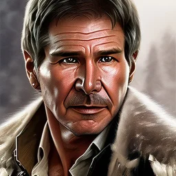 photo realistic detailed head to waist stunning and photo realistic portrait of harrison ford as han solo in star wars with photo realistic short hair, brown eyes, professional painting by drew struzan, trending on artstation, Sharp focus, weathered skin,space jacket from star wars