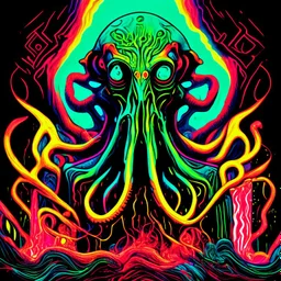 Exponential Cthulhu paradigm shift, surreal, by Butcher Billy and Jim Dine, acid wash mind-bending illustration; asymmetric, warm neon colors, shine burn, atmosphere guided by N(t)=N0​⋅e−kt