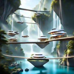 In this futuristic scene, houses are perched on levitating stones, interconnected by suspended bridges. The ethereal setting combines the architectural charm of floating homes with the structural elegance of hanging bridges, creating a harmonious blend of innovation and fantasy. Including Watherfalls