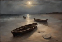 john william waterhouse style, Small boats on the beach at the dead of night Come and go before first light