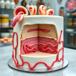 surreal and unsettling photograph of a cake designed to resemble anatomical features, including realistic human tongues and ears sculpted in fondant. The cake is cut to reveal its interior layers of soft, sponge-like texture. design is highly detailed and hyper-realistic, with a stark contrast between the pale white outer fondant and the vivid pink and beige tones of the intestinally sculpted interior. Background a cake shop