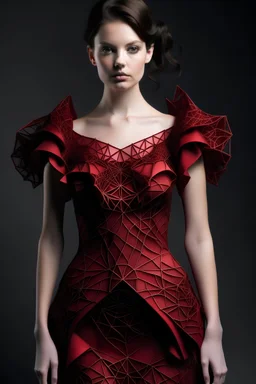 Dark red, off-the-shoulder, dress with a 3D print inspired by fractals in geometry.