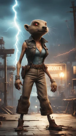 book cover illustration, fallout 4 docks setting, horror weird cowboy beaver alien walking on stilts in female garments, getting hit by lightening electric arc, with big disturbed eyes,bokeh like f/0.8, tilt-shift lens 8k, high detail, smooth render, down-light, unreal engine, prize winning