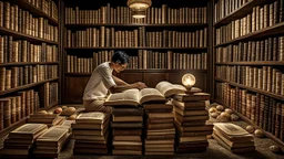 The image captures a moment of deep immersion in the world of books and personal development. It offers a unique glimpse as the person sits surrounded by books, engrossed in reading content that contributes to self-improvement and acquiring new knowledge. The proper lighting and intricate details enhance a positive and motivating atmosphere for learning and growth. The image portrays a scene where the individual is actively engaging in self-development through reading, highlighting the impact of