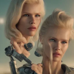 Ultra Realistic retro sci-fi movie scene, waist up view portrait, blonde woman pointing a gun, sweet young Claudia Schiffer face, perfect iris, glow eyes, makeup, weapon. Soldiers next to background, Retro sci-fi style, helmet, tight latex coat, fog, rain, soft color, highly detailed, unreal engine 5, ray tracing, RTX, lumen lighting, ultra detail, volumetric lighting, 3d, finely drawn, high definition, high resolution.