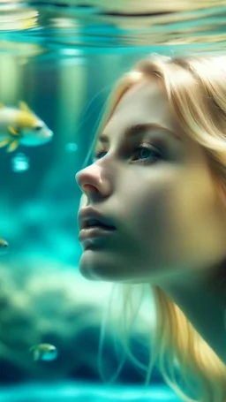 beautiful girl with blond hair dreaming of a water world and can see a man reflect in the water