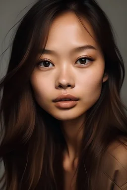 girl with brown hair and eyes and fair skin that looks like a mix between Jennie Kim, Angelina Jolie