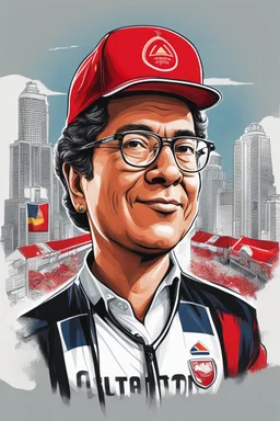 Ilustración estilo caricatura de Gustavo Petro presidente de Colombia, con gorra deportiva y camisa, colores contrastantes, rojo, negro y blanco, fondo ciudad