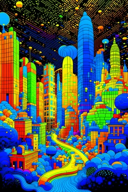 Vibrant digital art inspired by Super Mario Land, set in a fantastical, sprawling metropolis, rendered in a cartoonish style with exaggerated features and bold lines, bathed in radiant, electric hues of cerulean, amber, and chartreuse, evoking a sense of whimsy and wonder, with towering skyscrapers, winding roads, and fluttering Mario-esque flags, all infused with an epic, cinematic quality, as if plucked straight from a fantastical dream world, with hints of magical fog and radiant sunshine.