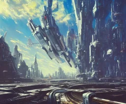 A Spaceship is taking off from a buzzing Space port on a heavy industrialized planet with a futuristic city in the background, retrofuturistic, art by John Berkey, buildings with glass facades, brutalist architecture, insanely detailed, vibrant, 8k uhd, cinematic atmosphere, ultra-wide angle, street level view, brush strokes, blue sky with clouds, dramatic sunset, sharp focus