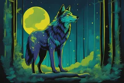 cosmic wolf in the forest in a psychedelic green and blue and yellow in the illustrated style of studio ghibli
