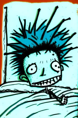 2d drawing of a stickman, laying in bed, cool with punk hair, just woke up, excited, smiling ,3d realistic in colour