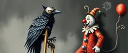 crow knight with cat o nine tails, wearing mirror hat, climbing ladder, in front of chalk art clown, a nice little dog poem in the style of escher and giger