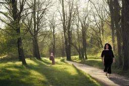 woman, black hair, Caucasian, heavily pregnant walking in the country, sunny day, trees