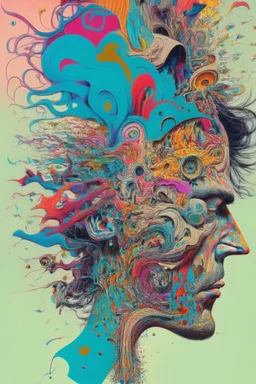 "Chaos Is Our Mental State"; Side Profile Of A Human Head Full Of A Chaotic Whirlwind Of Faces, Symbols, Words, And Products; Pop Art; Surrealism; Salvador Dali, Alex Pardee, Insanely Detailed; Intricate; Award-Winning; Bright Pastels