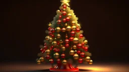 Beautiful highly detailed HD resolution fully rendered Christmas tree, red and gold trimmings, beautiful star on top of tree, gifts underneath tree, toys underneath tree, pixar style, rendering studio quality