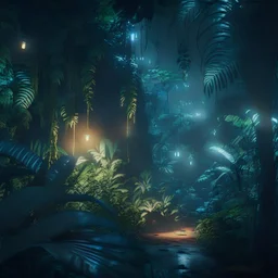 jungle at night, mysterious lights in background, photorealistic, unreal engine 5, masterpiece, trending on artstation