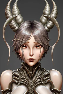 bronze skin, silver hair, short hair, horns, six arms, human