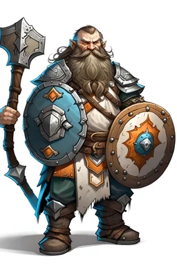 Mountain dwarf tempest cleric holding a shield