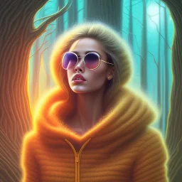 spray painting fantasy art, portrait blonde camela harris with golden sun glasses in mummy sweater, standing in portal to wet forest world from city world,poetry book illustration