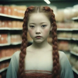 Old autochrome of devon aoki with red cheeks, strange braids. in a supermarket, in 1830