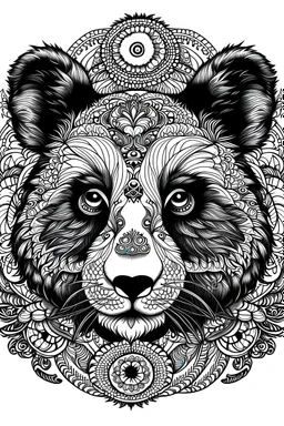 mandala panda: black and white with white background.