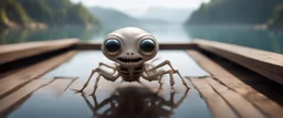 close up on dented glowing ghost transparent ant skeleton rat babies smiling in fast boat with googly eyes, raised by ninja necromancer in the wild, on wooden bridge by lake in surreal reflecting stone chrome landscape, background motion blur, volume light fog, rays, 4d maze