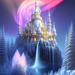 castello di cristallo bianco e oro ， cascata, diamanti, aurora boreale, astronave, sole liscio e luminoso ， atmosfera di luce soffusa, effetto luce ， vaporwave colorato, concept art, dettaglio liscio ed estremamente nitido, dettaglio finemente regolato, altissima definizione , 8 k, motore irreale 5, messa a fuoco ultra nitida