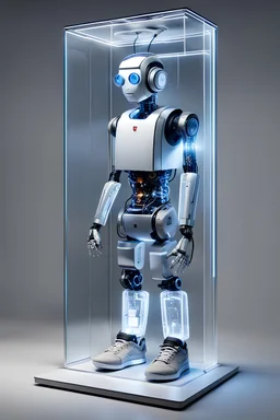 It shows an Indonesian male robot, encased in clear glass, in the shape of a tall box. The person is wearing a t-shirt, jeans and sneakers, the person inside is very realistic. Various icons representing the sound system, headphones, laptop, lighting, electricity and other multimedia are displayed on the front side