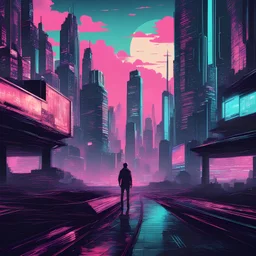 Edgy poster graphic of cinematic cyberpunk synth wave cityscape cinematic highly detailed